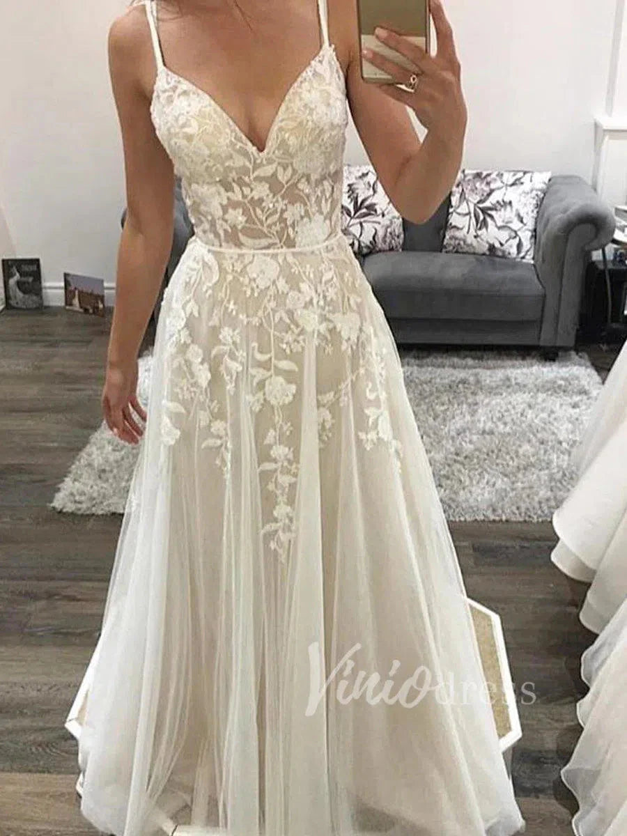 Spaghetti Strap Lace Beach Wedding Dresses Champagne VW1196