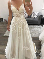 Spaghetti Strap Lace Beach Wedding Dresses Champagne VW1196