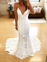 Spaghetti Strap Lace Boho Wedding Dresses with Slit VW1228