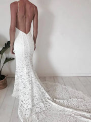 Spaghetti Strap Lace Boho Wedding Dresses with Slit VW1228