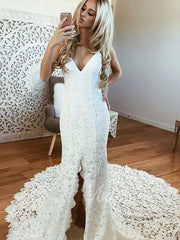 Spaghetti Strap Lace Boho Wedding Dresses with Slit VW1228