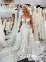 Spaghetti Strap Lace Mermaid Wedding Dress with Detachable Overskirt VW2151