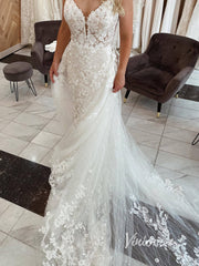 Spaghetti Strap Lace Mermaid Wedding Dress with Detachable Overskirt VW2151