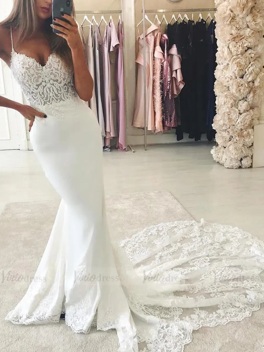 Spaghetti Strap Lace Mermaid Wedding Dresses with Train VW1321