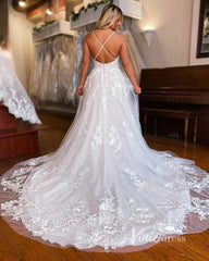 Spaghetti Strap Lace Wedding Dresses V-neck Tulle Bridal Gown VW2134