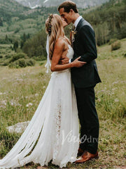Spaghetti Strap Lace&Chiffon Bohemian Wedding Dresses with Slit VW1220
