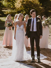 Spaghetti Strap Mermaid Lace Rustic Wedding Dresses Beaded Bodice VW1435