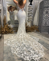Spaghetti Strap Mermaid Lace Wedding Dresses with Asymmetric Tail VW2120