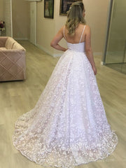 Spaghetti Strap Plunging V Neck Lace Wedding Dresses VW1465