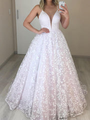 Spaghetti Strap Plunging V Neck Lace Wedding Dresses VW1465