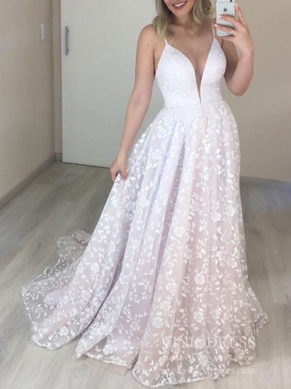 Spaghetti Strap Plunging V Neck Lace Wedding Dresses VW1465
