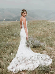 Spaghetti Strap Rustic Lace Bohemian Wedding Dresses See Through Bodice VW1440