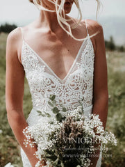 Spaghetti Strap Rustic Lace Bohemian Wedding Dresses See Through Bodice VW1440