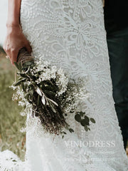 Spaghetti Strap Rustic Lace Bohemian Wedding Dresses See Through Bodice VW1440