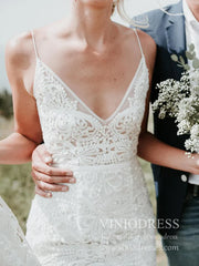 Spaghetti Strap Rustic Lace Bohemian Wedding Dresses See Through Bodice VW1440