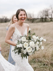 Spaghetti Strap Rustic Lace Bohemian Wedding Dresses See Through Bodice VW1440