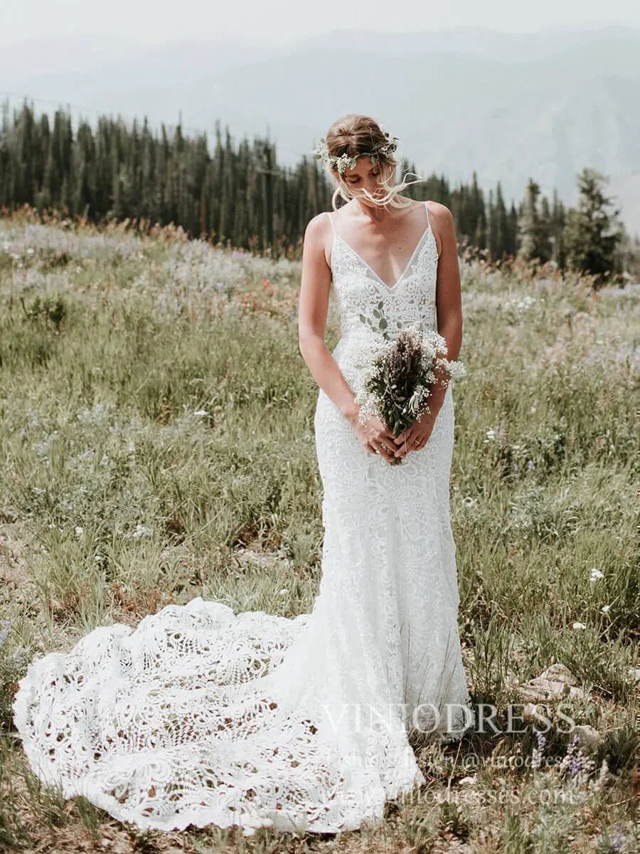 Spaghetti Strap Rustic Lace Bohemian Wedding Dresses See Through Bodice VW1440