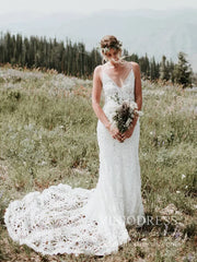 Spaghetti Strap Rustic Lace Bohemian Wedding Dresses See Through Bodice VW1440