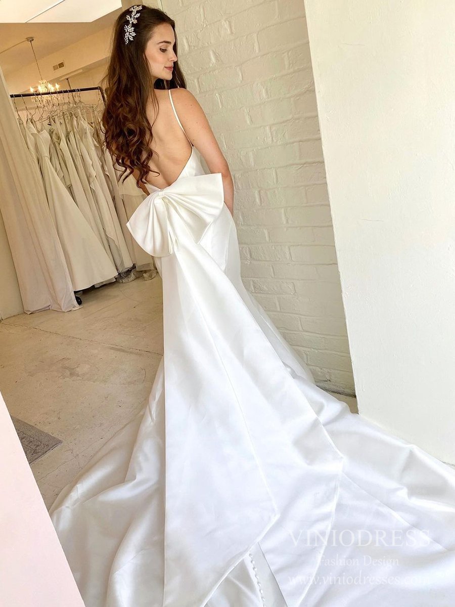 Spaghetti Strap Satin Mermaid Wedding Dresses with Big Bow VW1872B