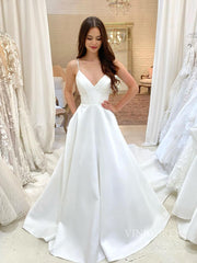 Spaghetti Strap V-neck Satin Wedding Dresses with Pockets VW1873