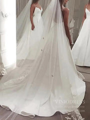 Spaghetti Strap V Neck Simple Wedding Dresses with Long Train VW1393