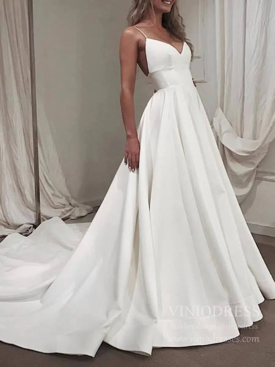 Spaghetti Strap V Neck Simple Wedding Dresses with Long Train VW1393