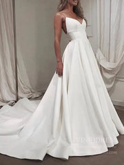 Spaghetti Strap V Neck Simple Wedding Dresses with Long Train VW1393