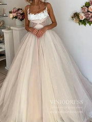 Sparkly Champagne Tulle Wedding Dresses Spaghetti Strap Wedding Gowns VW1255