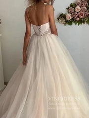 Sparkly Champagne Tulle Wedding Dresses Spaghetti Strap Wedding Gowns VW1255