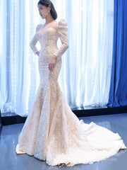 Sparkly Lace Mermaid Wedding Dresses with Long Sleeves 67229