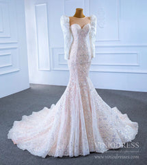 Sparkly Lace Mermaid Wedding Dresses with Long Sleeves 67229