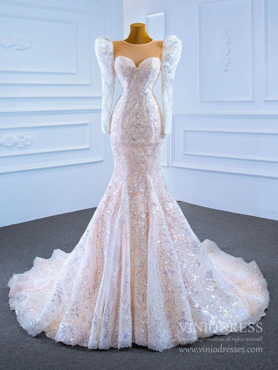 Sparkly Lace Mermaid Wedding Dresses with Long Sleeves 67229