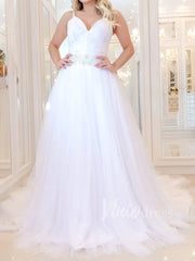 Stark White V Neck Wedding Dresses with Long Train VW1244