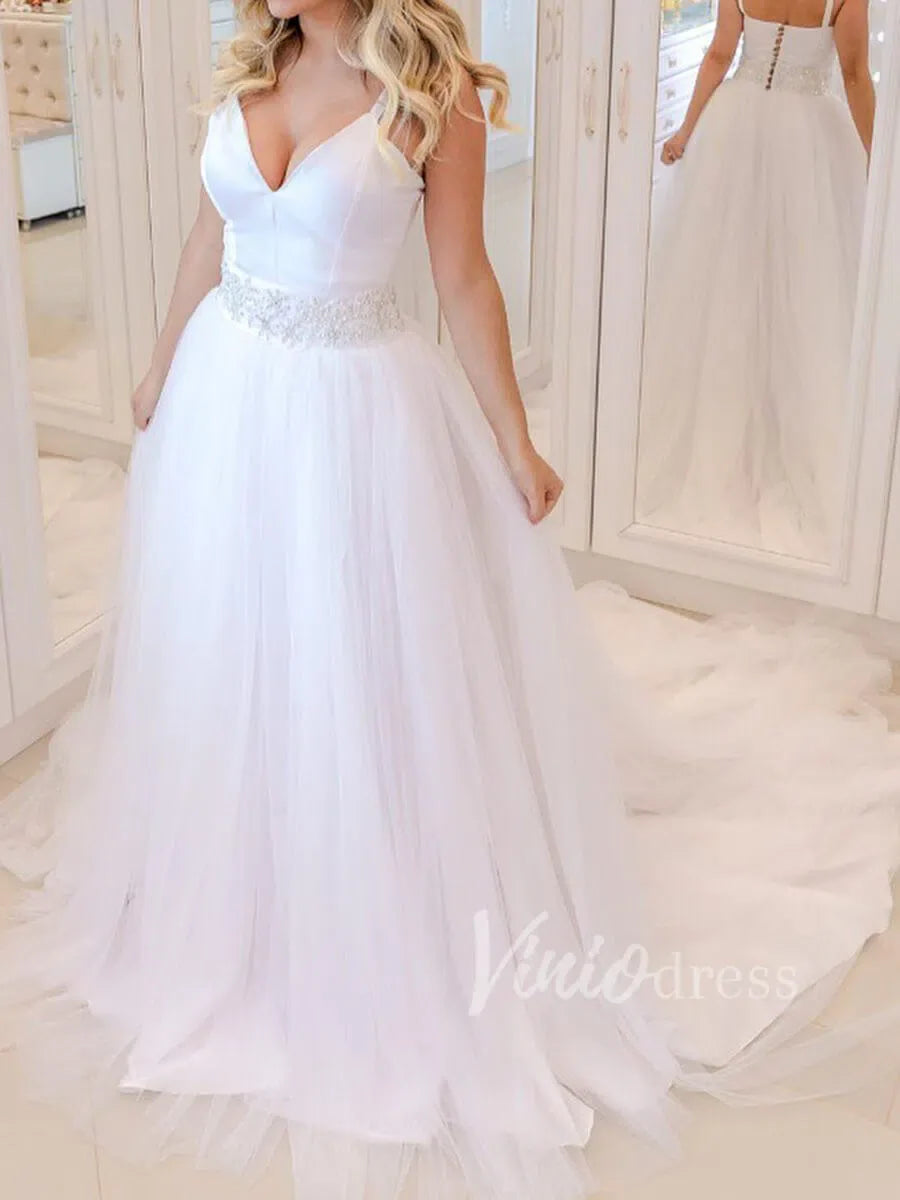 Stark White V Neck Wedding Dresses with Long Train VW1244