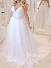 Stark White V Neck Wedding Dresses with Long Train VW1244