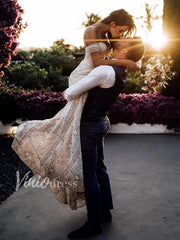 Strapless Lace Bohemian Wedding Dresses with Slit & Arm Band VW1092B
