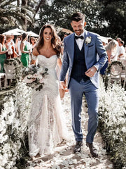 Strapless Lace Bohemian Wedding Dresses with Slit & Arm Band VW1092B