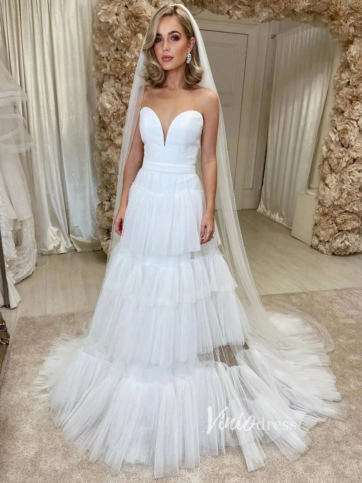 Strapless Layered Wedding Dress Plunging V-neck VW2065