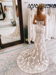 Strapless Mermaid Modern Wedding Dresses Leaf Lace Beach Wedding VW2125