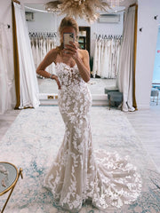 Strapless Mermaid Modern Wedding Dresses Leaf Lace Beach Wedding VW2125