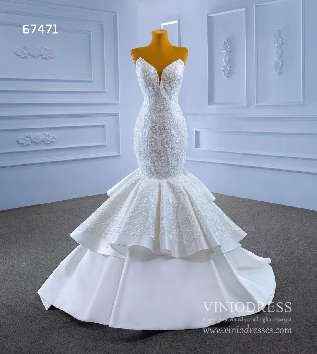 Strapless Mermaid Wedding Dresses Lace Appliqued Trumpet Gown 67471