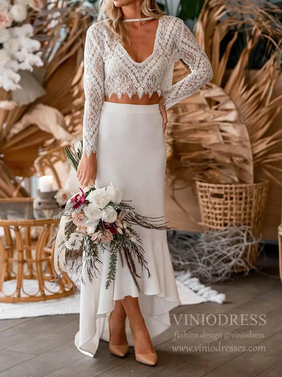 Two Piece Lace Bohemian Wedding Dresses with Long Sleeves VW1408