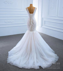 V-neck Blush Mermaid Wedding Dresses Beaded Lace Bridal Dress VW1779