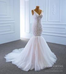 V-neck Blush Mermaid Wedding Dresses Beaded Lace Bridal Dress VW1779