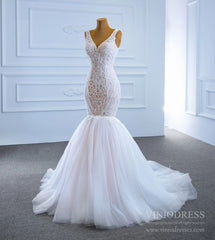 V-neck Blush Mermaid Wedding Dresses Beaded Lace Bridal Dress VW1779