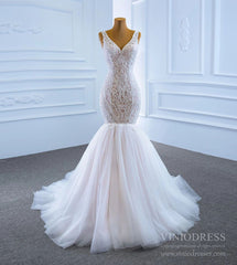 V-neck Blush Mermaid Wedding Dresses Beaded Lace Bridal Dress VW1779