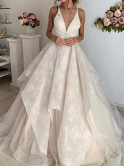 V Neck Champagne Lace Wedding Dresses Open Back VW1269