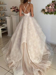 V Neck Champagne Lace Wedding Dresses Open Back VW1269