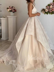 V Neck Champagne Lace Wedding Dresses Open Back VW1269