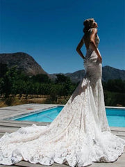 V-neck Mermaid Lace Wedding Dresses with Pockets Chapel Train VW1251